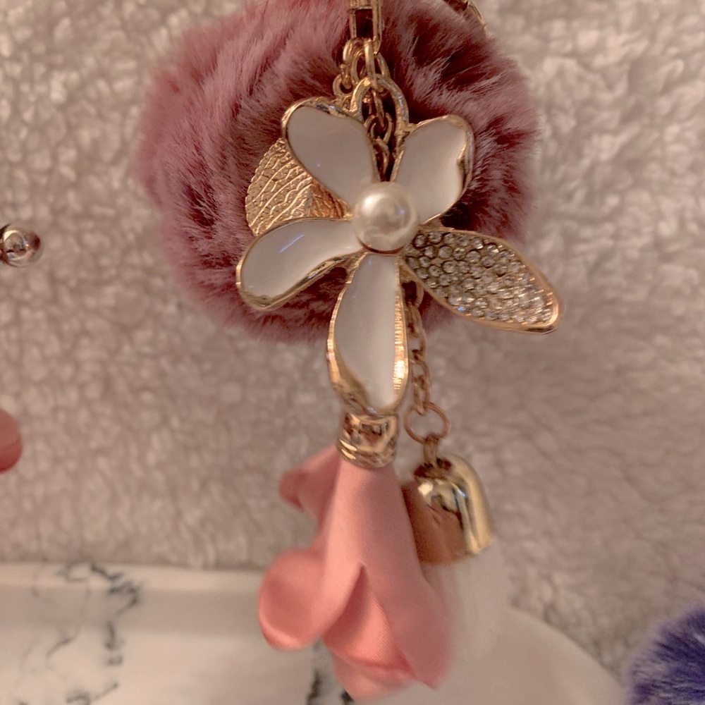 Crystal flower handbag charm Pom Pom keychain Red